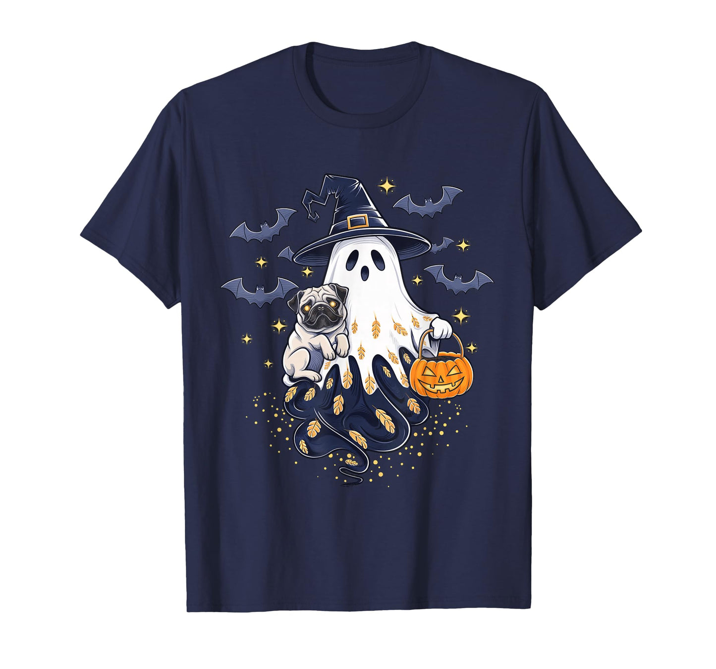 Funny Ghost Witch Holding Pug Pumpkins Vintage Halloween T-Shirt