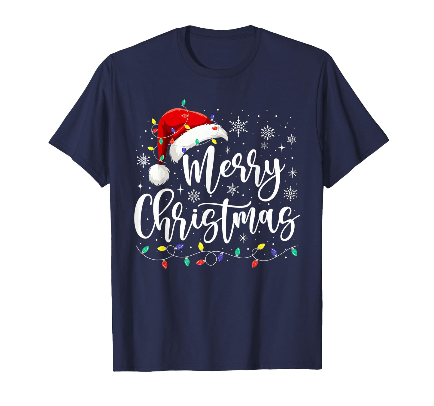 Merry Christmas Lights Red Santa Hat Xmas Family Men Women T-Shirt