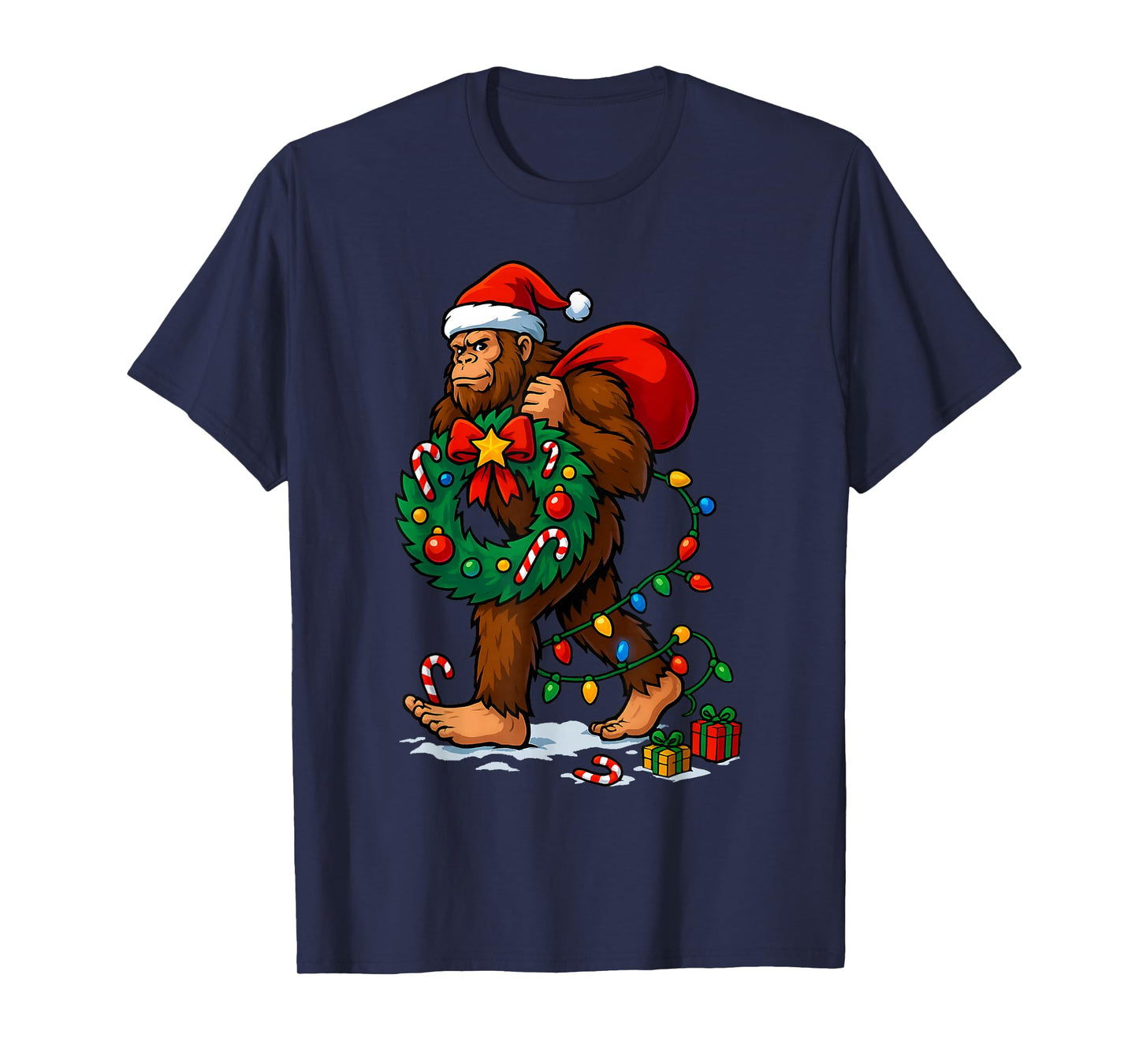 Bigfoot Tree Christmas Lights Snowflake Holiday Candy Xmas T-Shirt