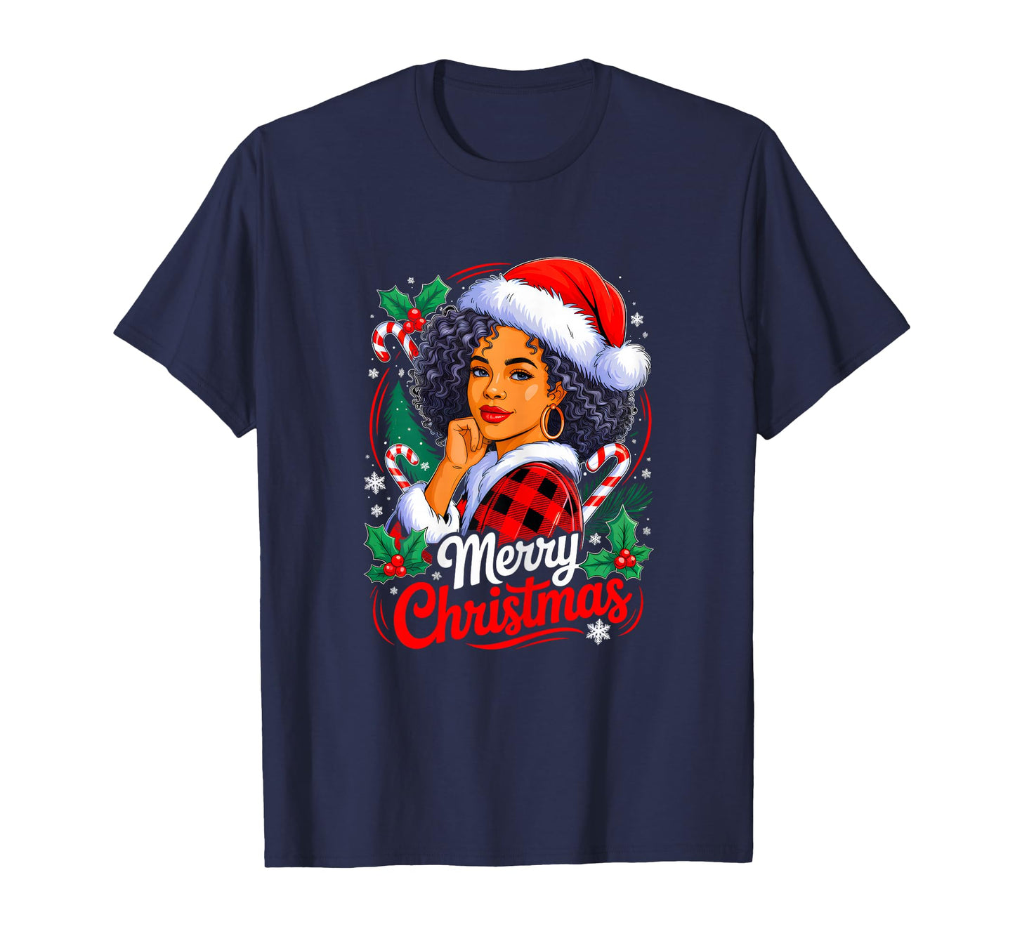 Merry Christmas Black African Girl Santa Hat Xmas Pajamas T-Shirt