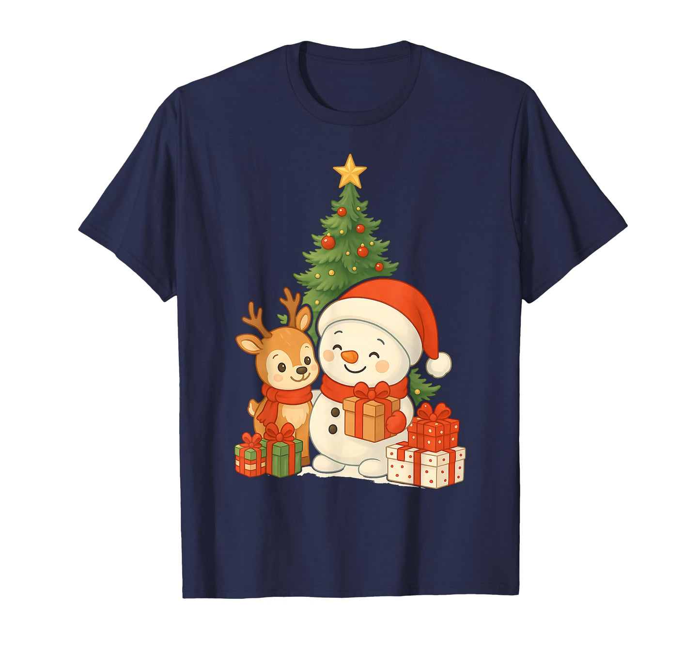 Cute Christmas Snowman and Reindeer with Xmas Tree T-Shirt