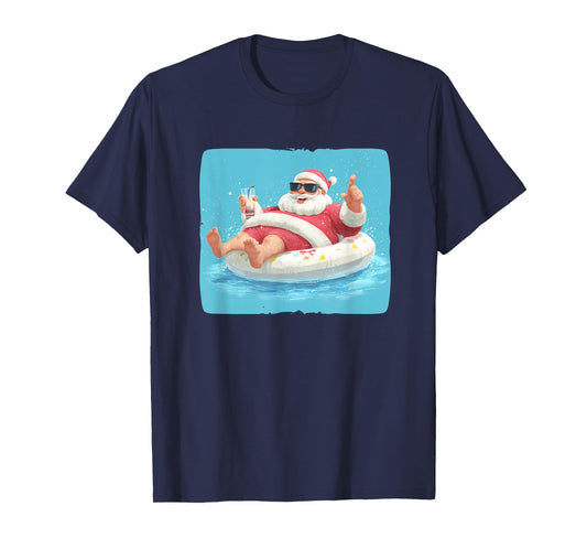 Festive Holiday with This Lazy Cocktail Santa in Pool Ring T-Shirt