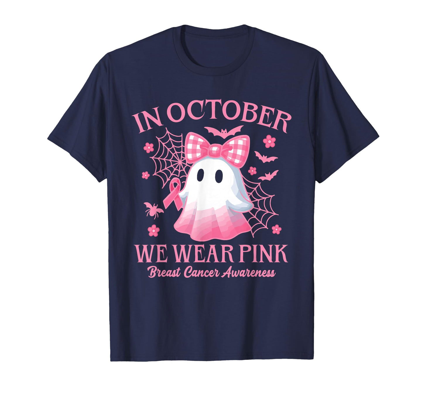 in October We Wear Pink Ghost Witch Breast Cancer Awareness T-Shirt