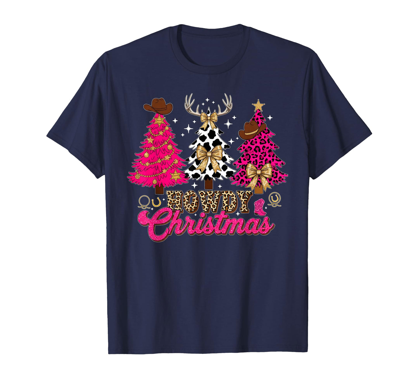Howdy Christmas Pink Leopard Cow-Print Tree Coquette Cowgirl T-Shirt