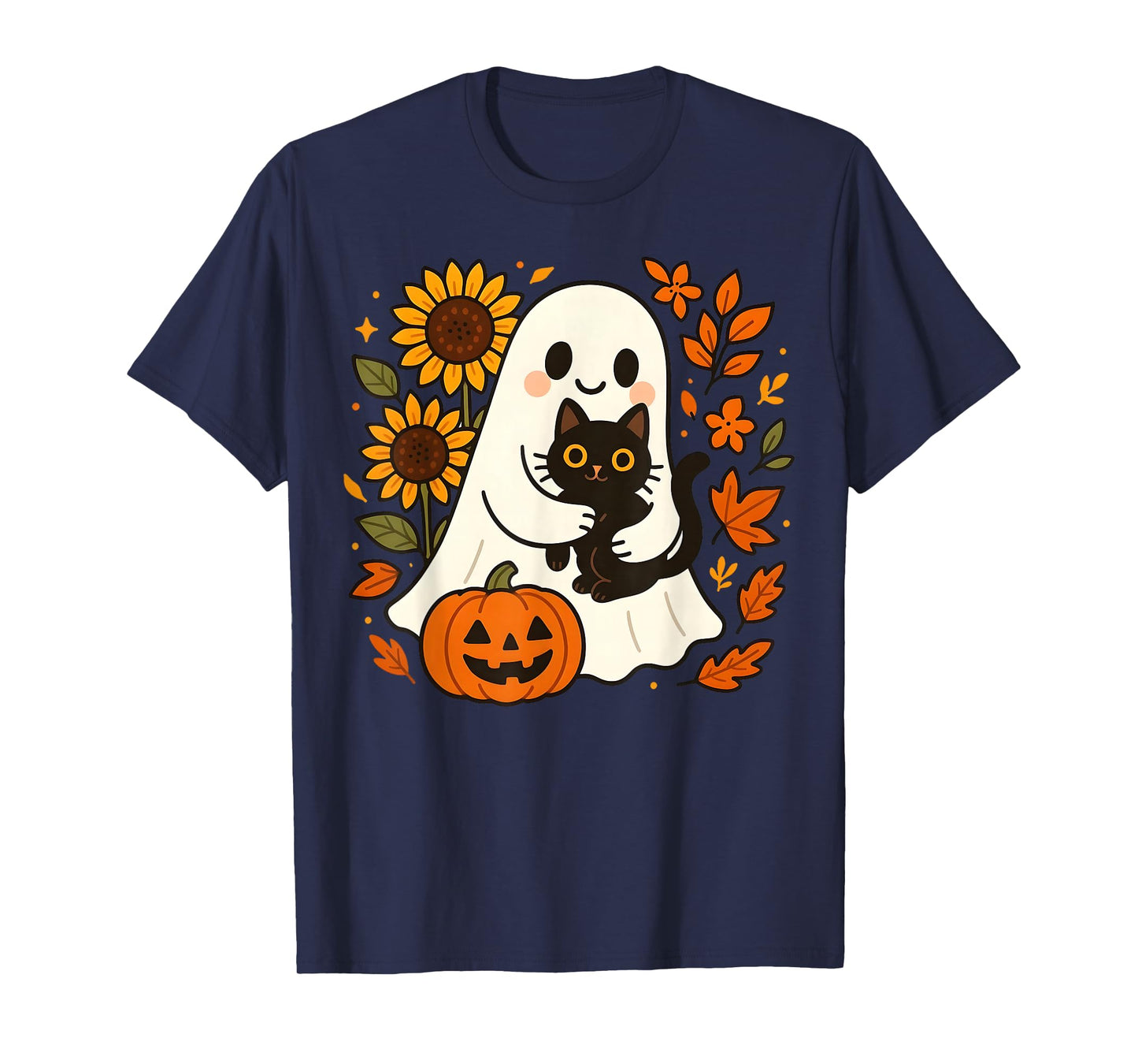 Vintage Halloween Ghost Holding Black Cat Groovy Floral T-Shirt