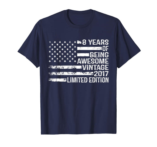 Kids 8 Years Old Birthday Vintage American Flag 8th Birthday T-Shirt