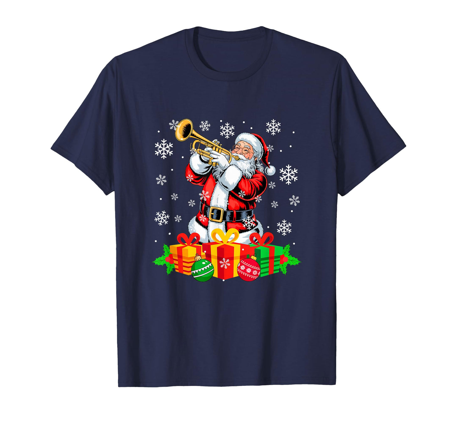 Santa Playing Trumpet Instrument Colorful Christmas Boxes T-Shirt