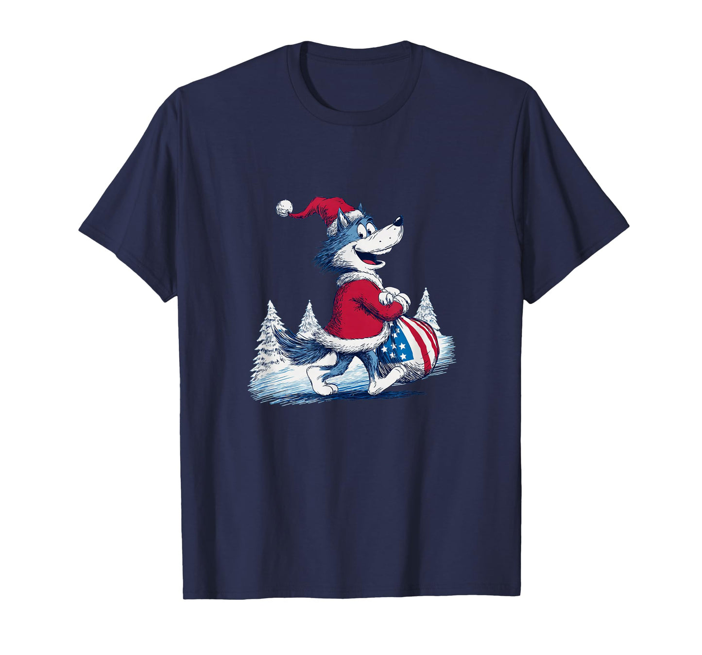 Happy Wolf with Santa Bag for Funny Christmas T-Shirt