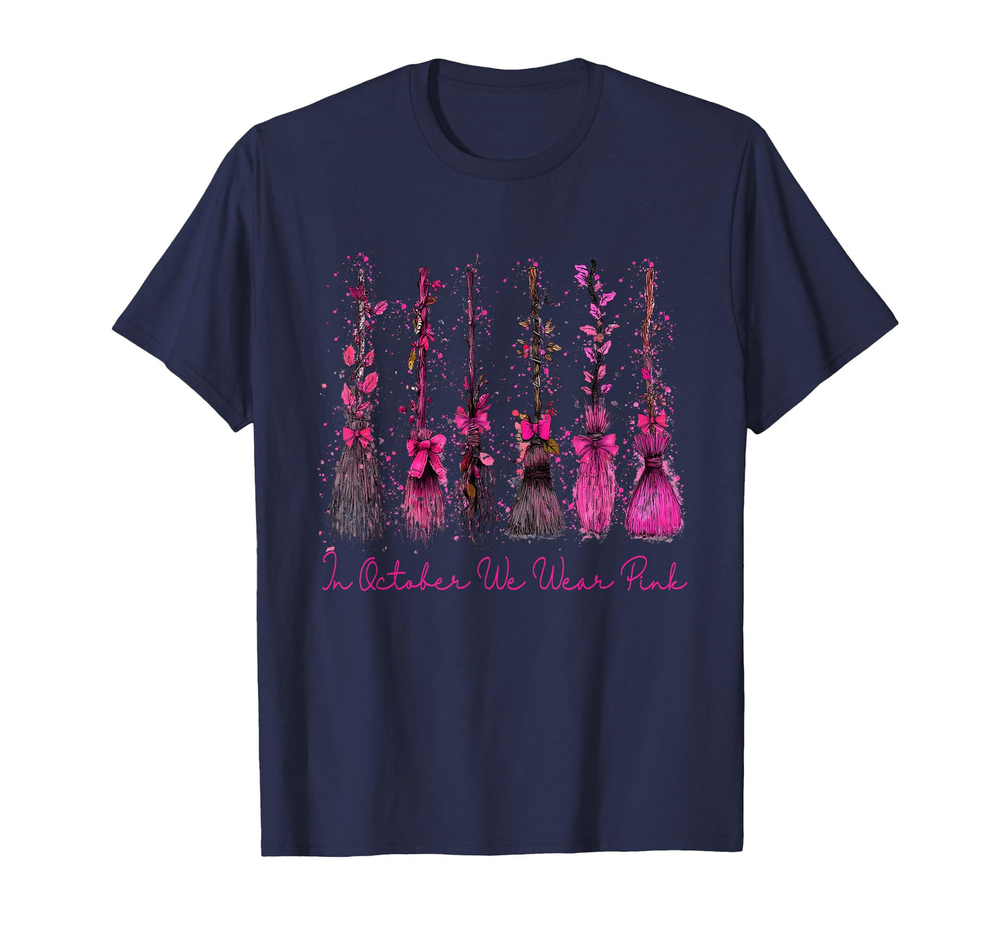 in October We Wear Pink Witch Stick Breast Cancer Awareness T-Shirt