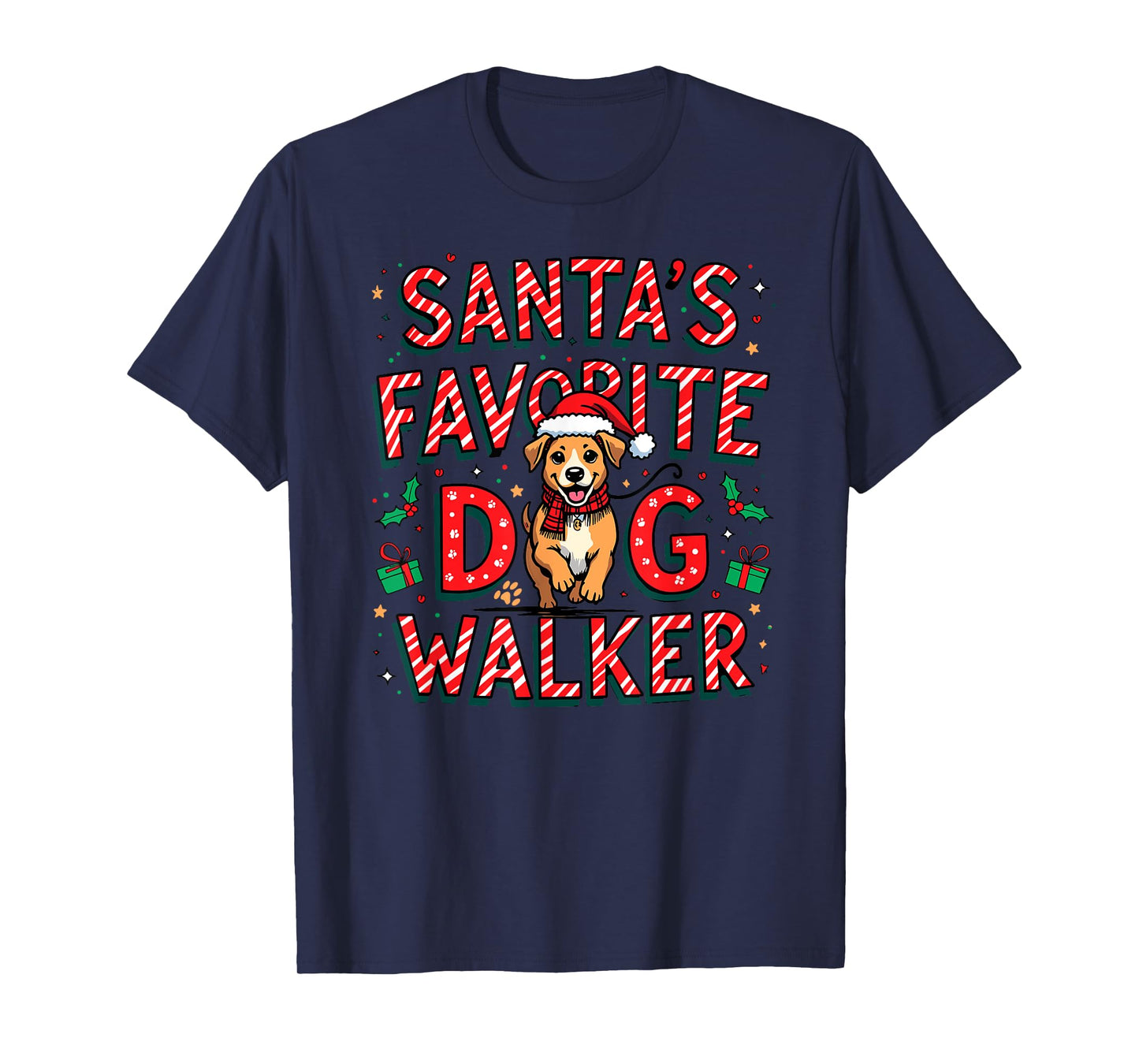 Santa’s Favorite Dog Walker Candy Cane Lettering Christmas T-Shirt