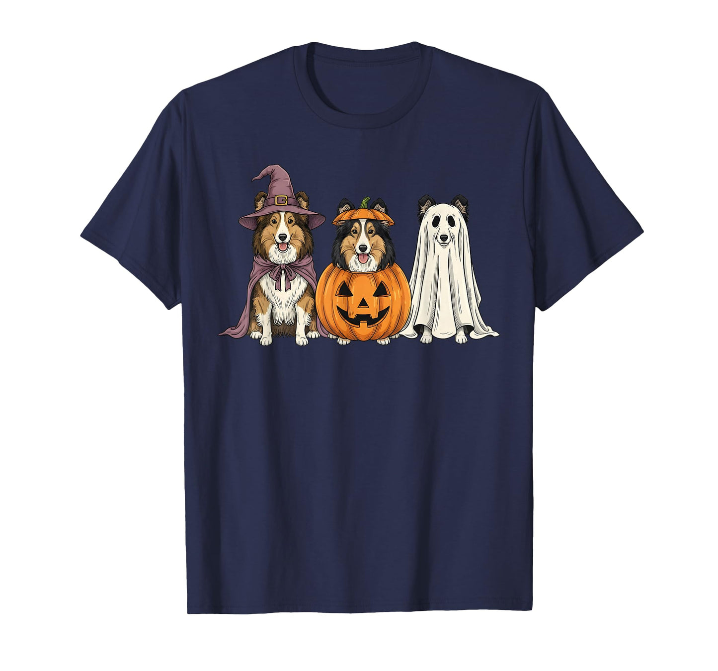 Spooky Ghost Shetland Sheepdog Pumpkin Halloween Dog Lover T-Shirt