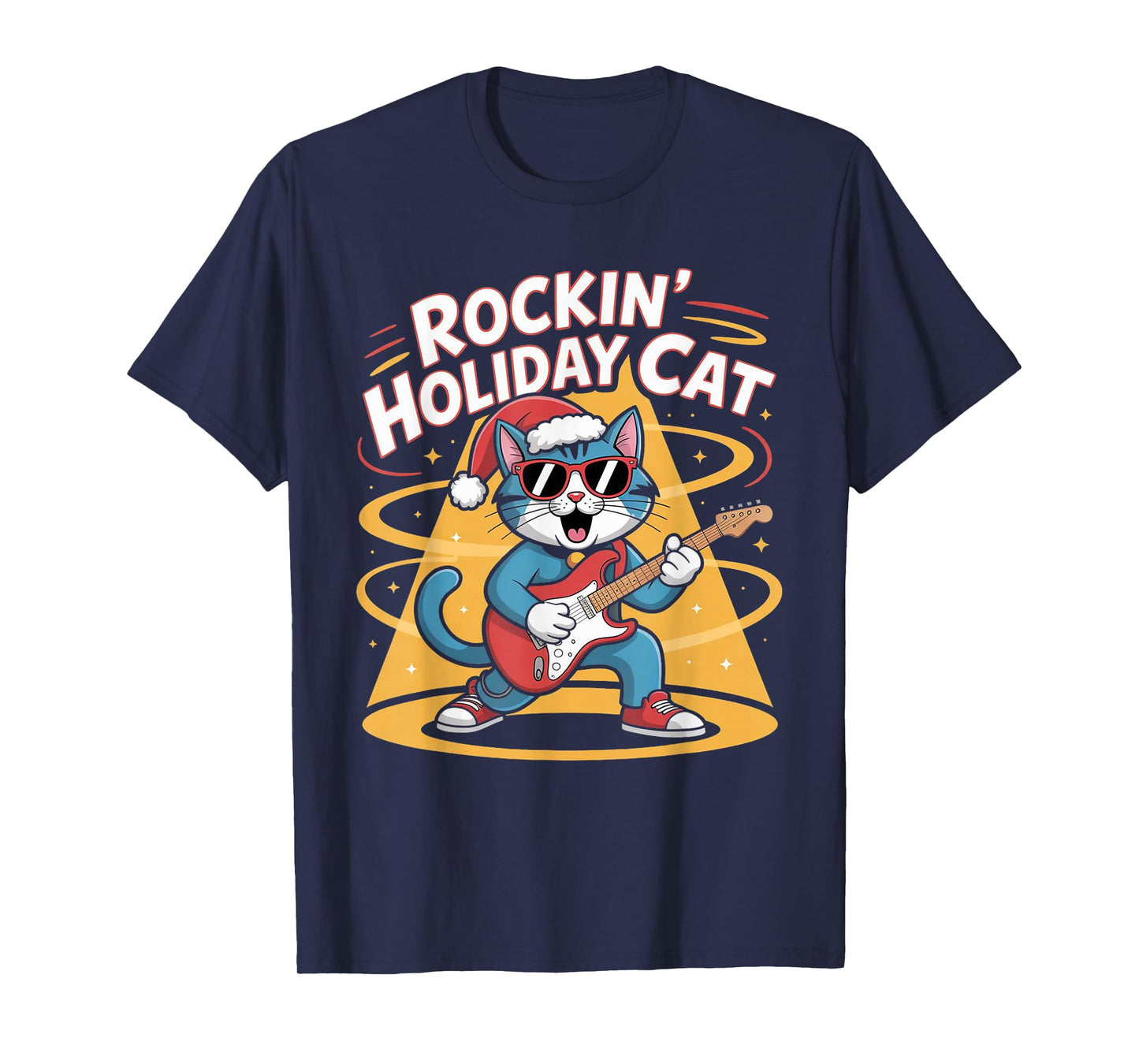 Christmas Santa Hat Cat Playing Guitar Rock and Roll T-Shirt