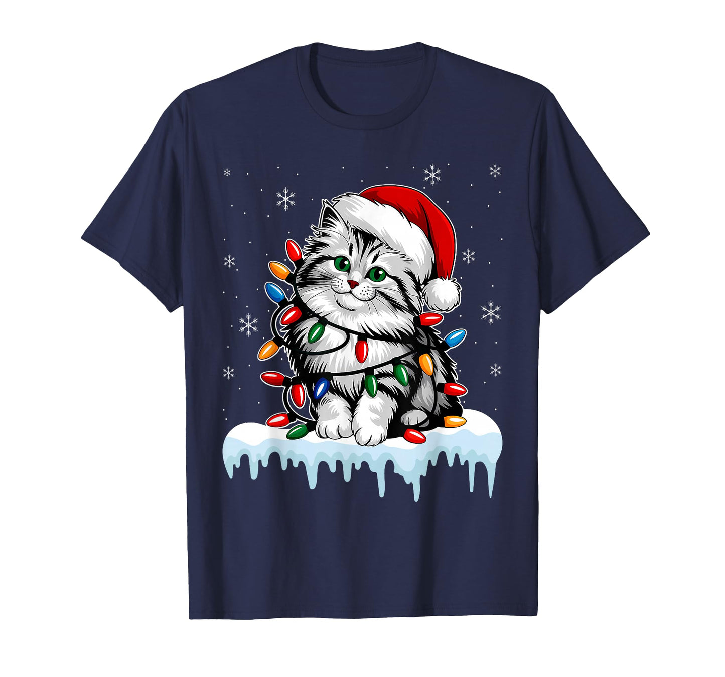 Siberian Cat Christmas Lights Xmas Lover Santa Hat Men T-Shirt