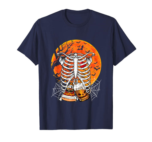 Horror Beer Pizza Inside Rib Cage X-ray Skeleton Halloween T-Shirt