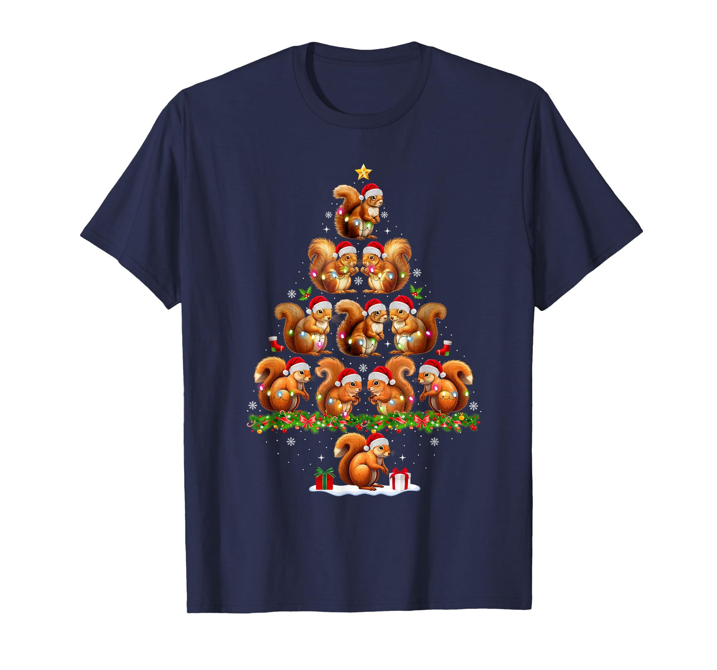 Squirrel Christmas Tree Lights Funny Xmas Family Men Women T-Shirt