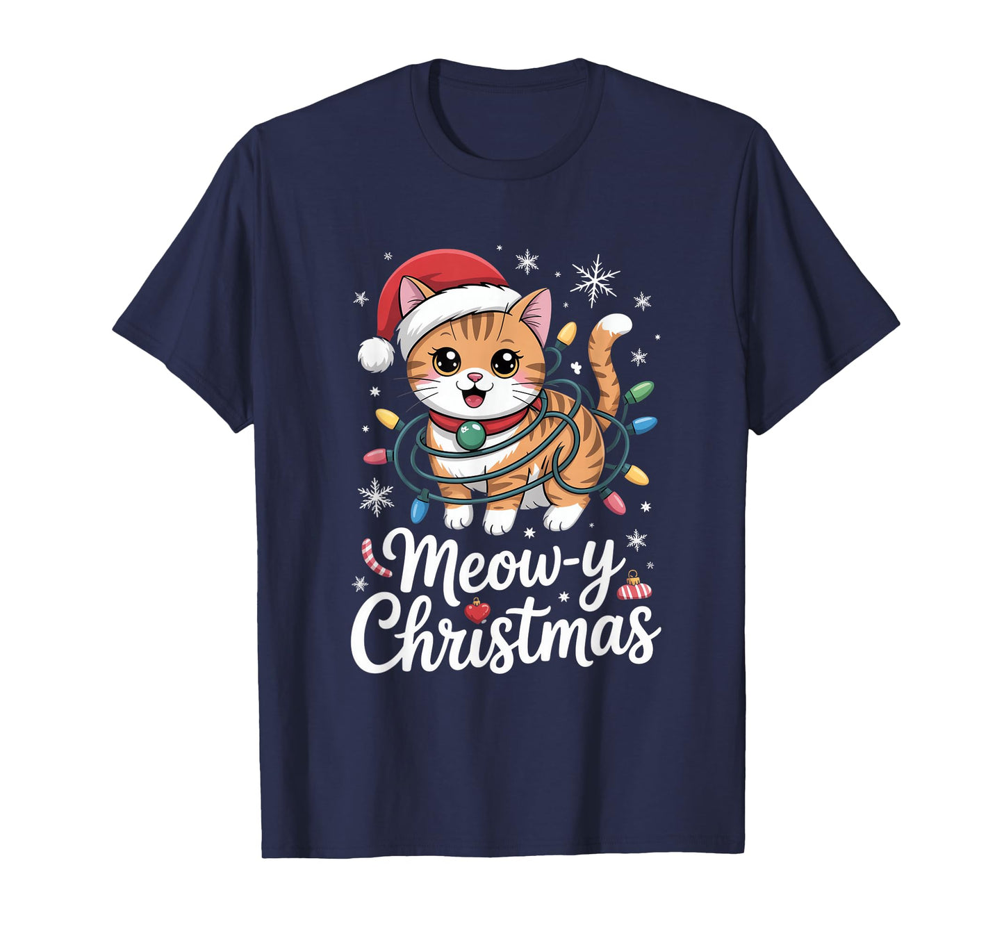 Meow Y Christmas Cute Cat with Santa Hat and Lights T-Shirt