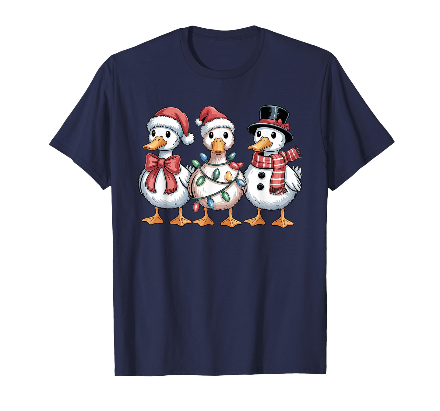Funny Christmas Goose Trio Santa Snowman Festive Lights T-Shirt