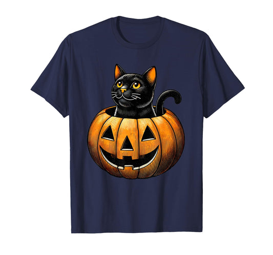 Retro Black Cat in Pumpkin Fun Halloween Costume T-Shirt