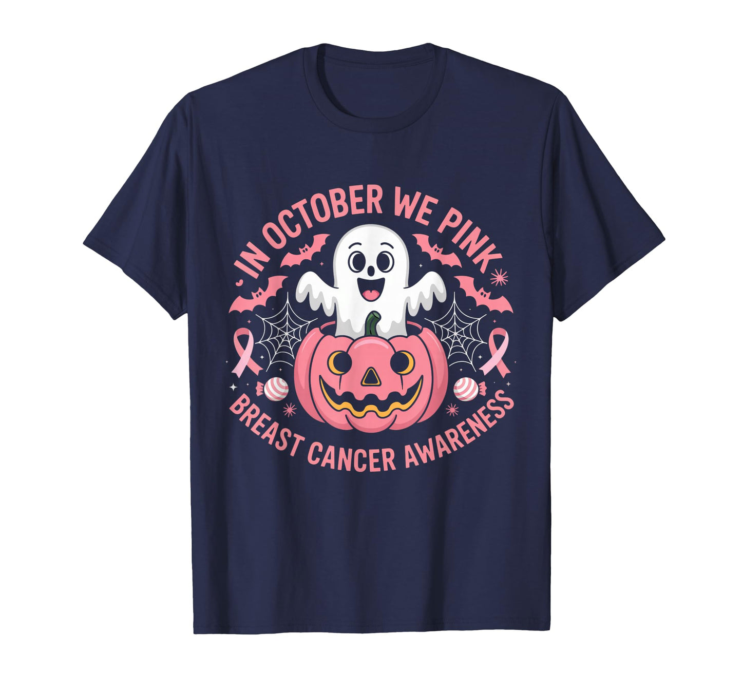 in October We Wear Pink Ghost Witch Breast Cancer Awareness T-Shirt