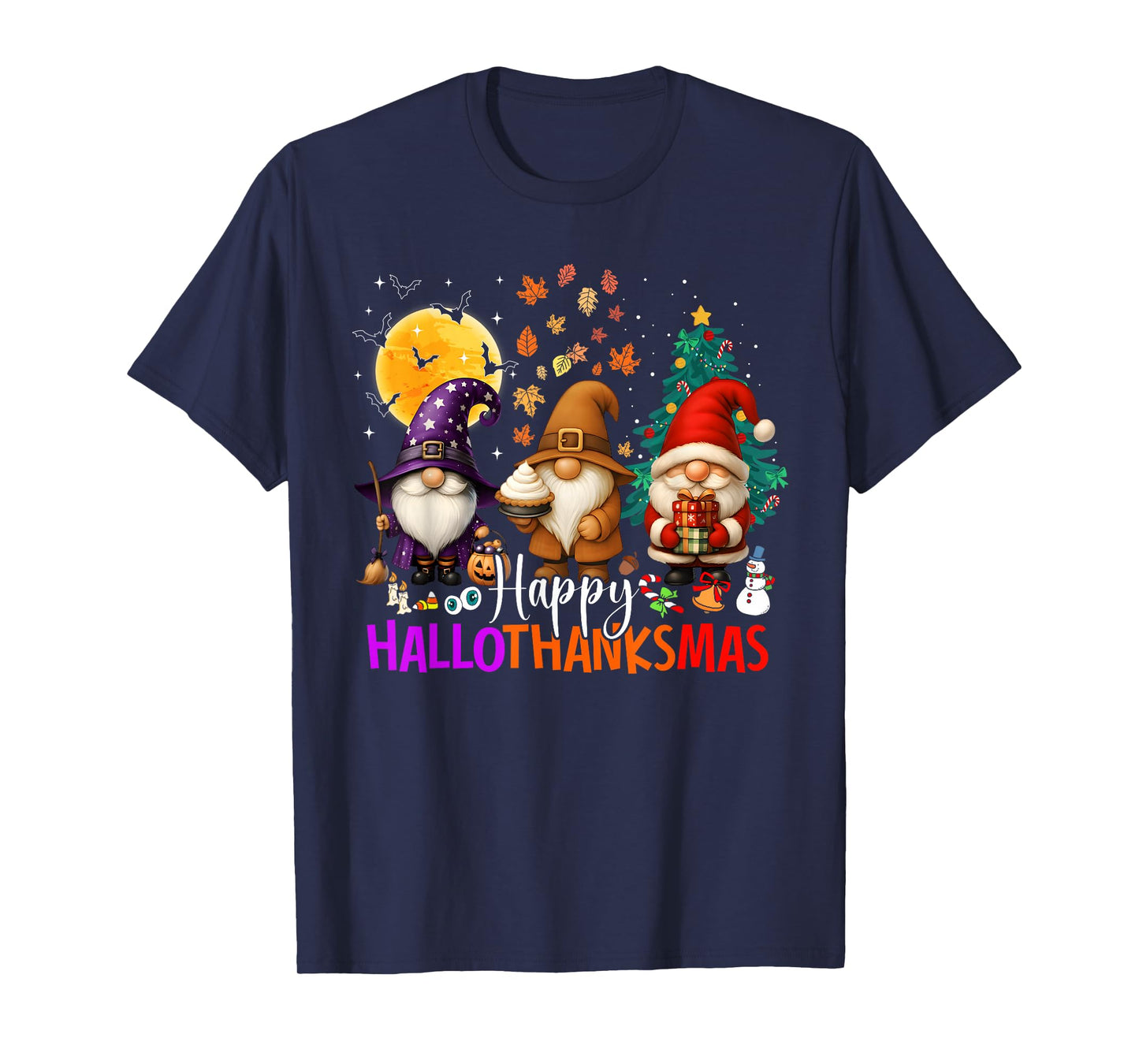 Happy Hallothanksmas Gnomes Lover Halloween Merry Christmas T-Shirt