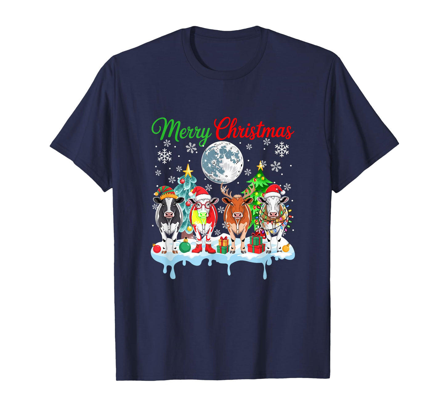 Merry Christmas Snow Group Santa Elf Reindeer Cows Farmer T-Shirt