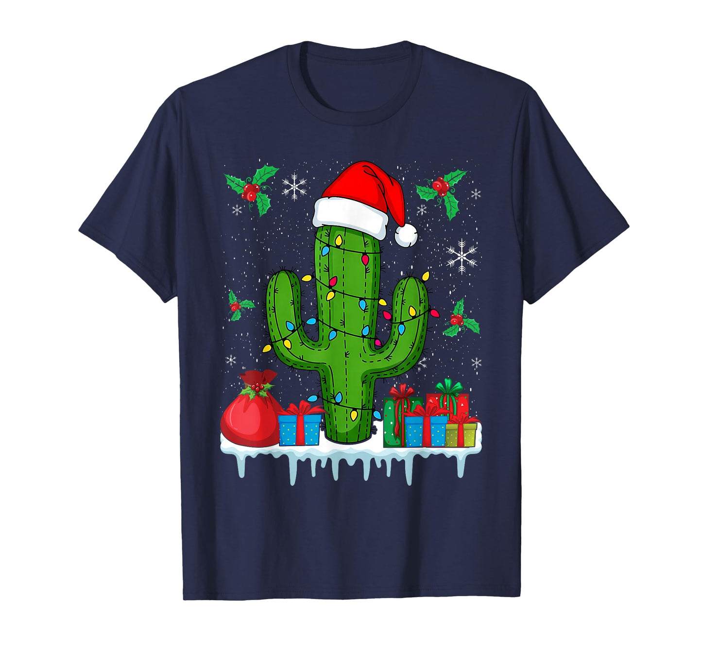 Funny Cactus Rocking Christmas with Santa Hat and Lights T-Shirt