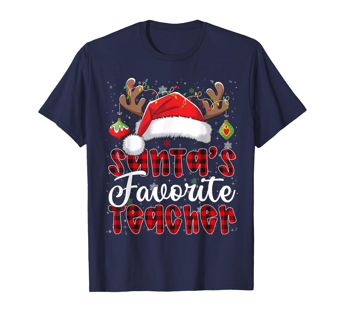 Santa's Favorite Teacher Christmas Santa Hat Reindeer T-Shirt