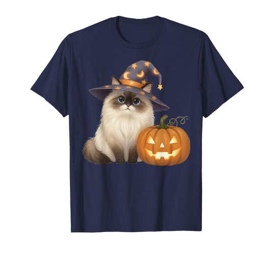 Ragdoll Cat Mom Halloween Witch with Pumpkin Cute Fall T-Shirt