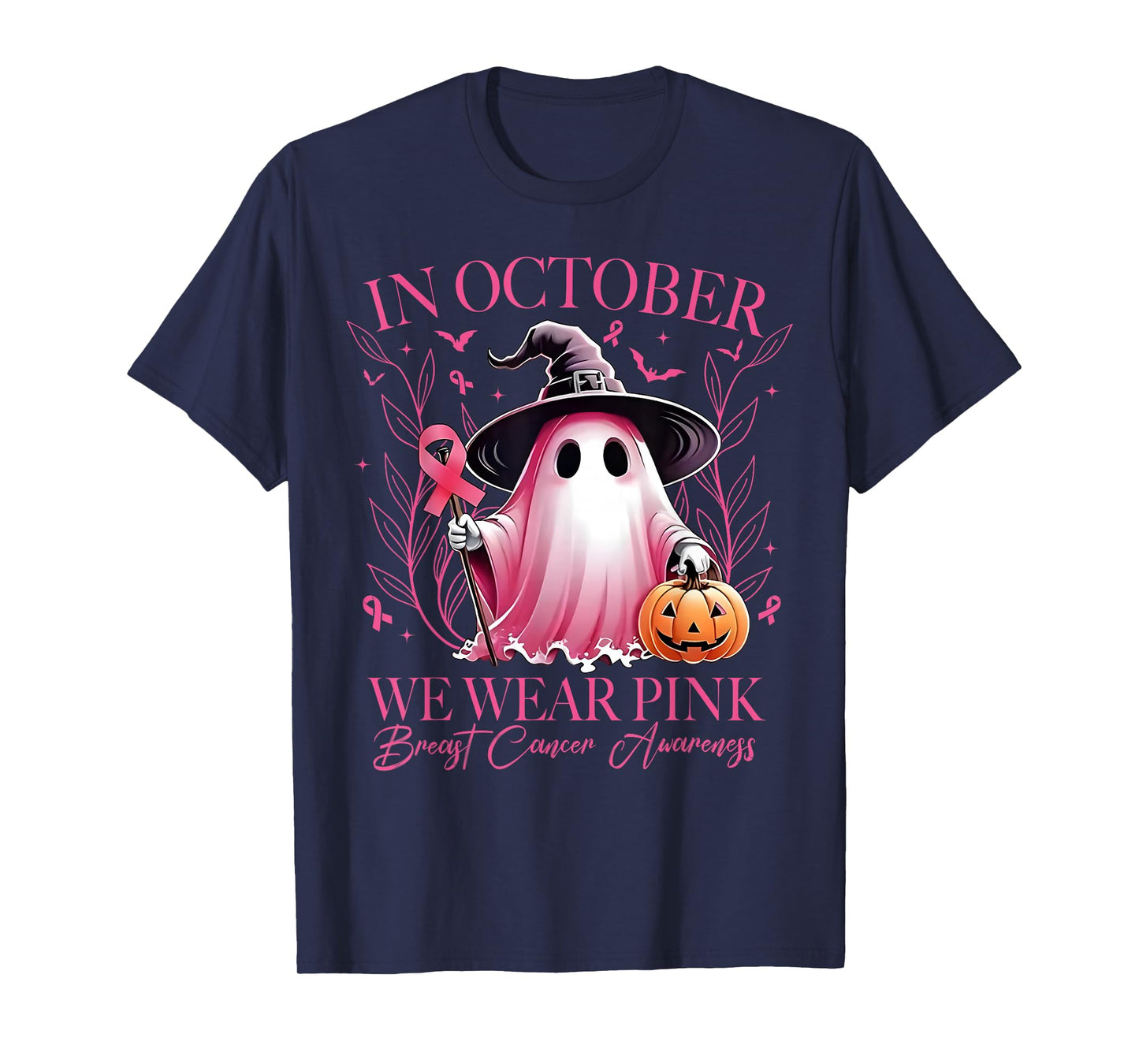 in October We Wear Pink Ghost Witch Breast Cancer Awareness T-Shirt