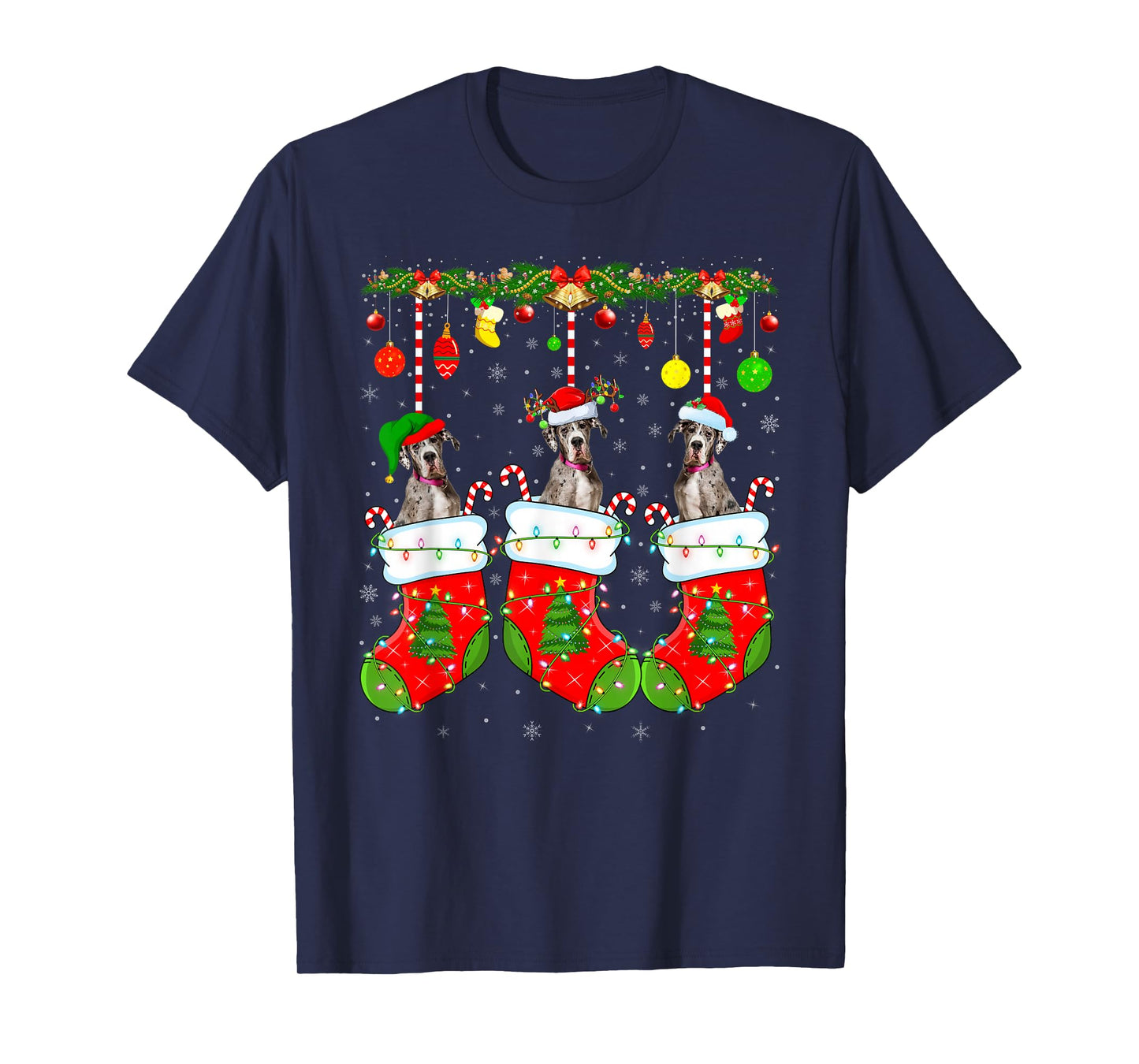 Great Dane Dog in Christmas Socks Funny Pet Dog Lover Xmas T-Shirt