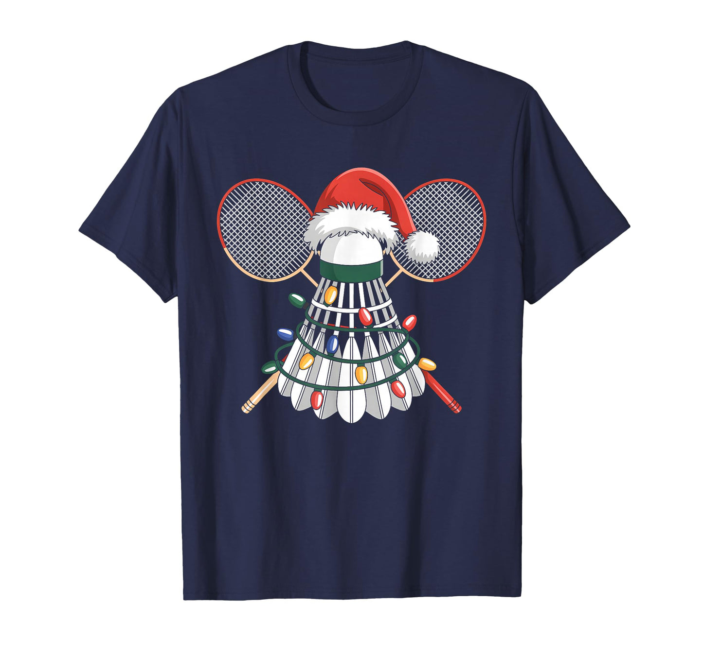 Funny Christmas Badminton Santa Hat Xmas Lights Holiday T-Shirt