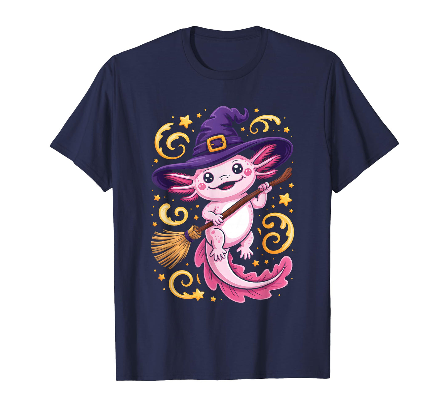 Pink Axolotl Witch Riding Broomstick Stars Swirls Halloween T-Shirt