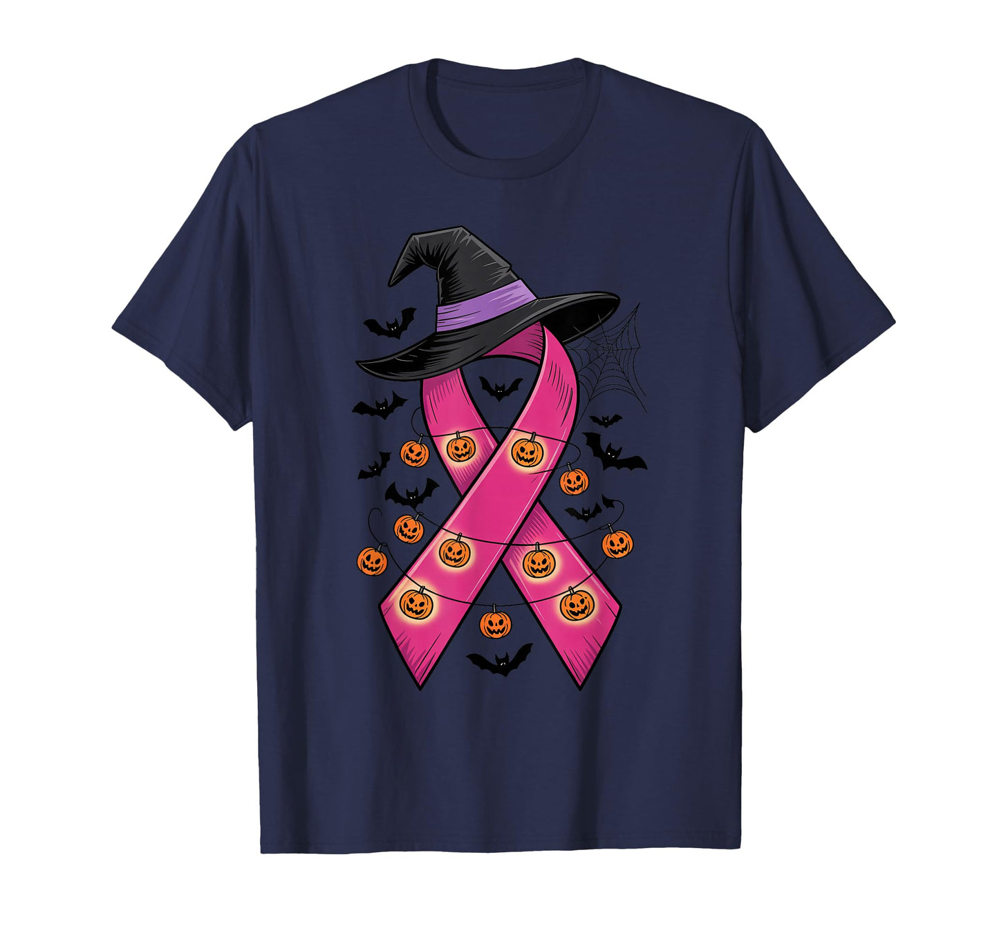 Breast Cancer Warrior Halloween Pink Ribbon Witch Hat Bats T-Shirt