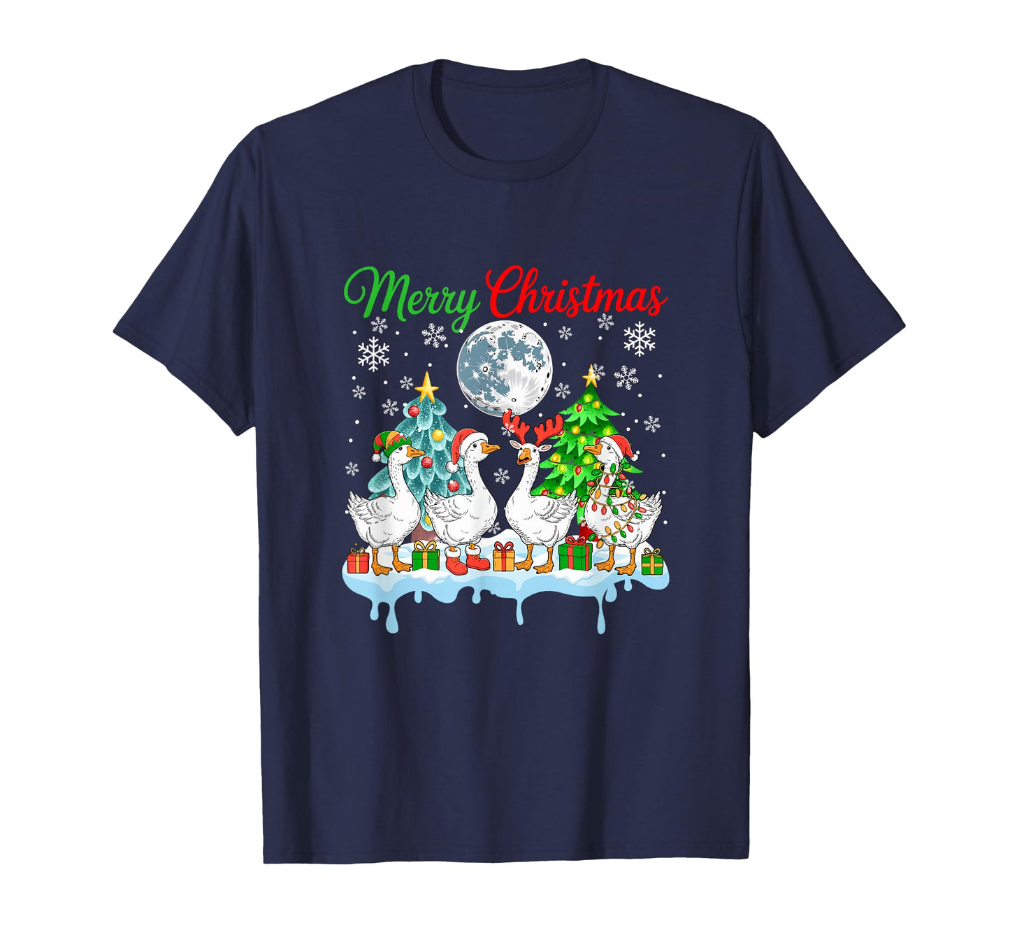 Merry Christmas Snow Group Santa Elf Reindeer Gooses Farmer T-Shirt