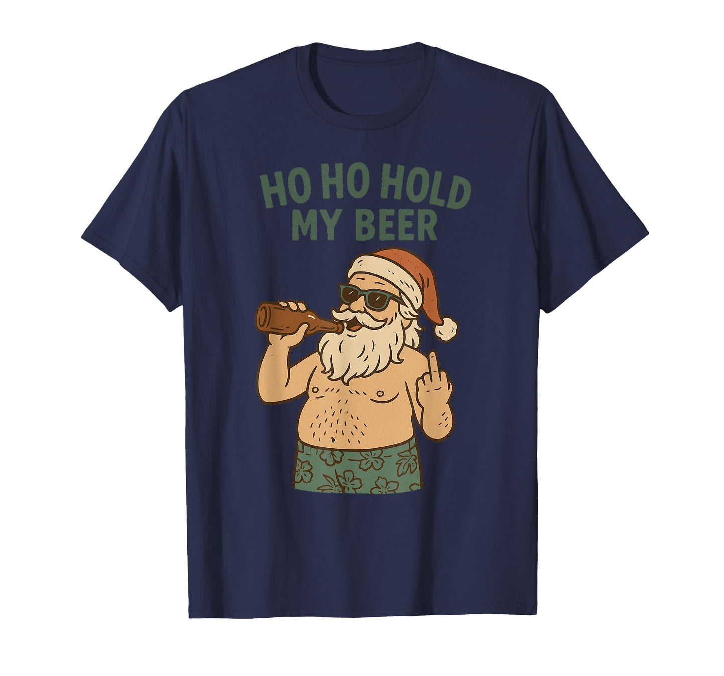 Funny Beach Santa – Ho Ho Hold My Beer, Middle Finger Bird T-Shirt