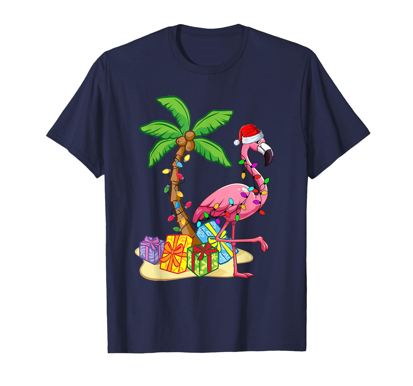 Flamingo Santa Hat Palm Tree Merry Christmas Lights T-Shirt