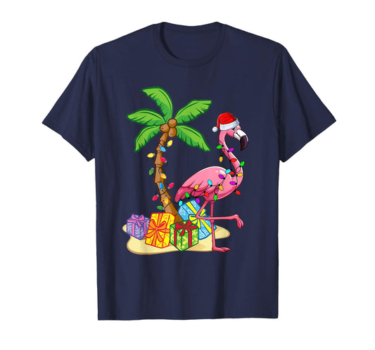 Flamingo Santa Hat Palm Tree Merry Christmas Lights T-Shirt