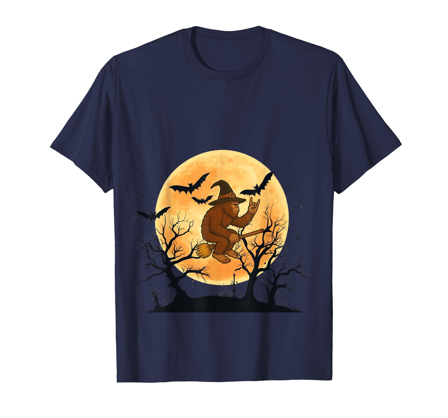 Bigfoot Witch Riding Broom Halloween Costume Funny Bigfoot T-Shirt