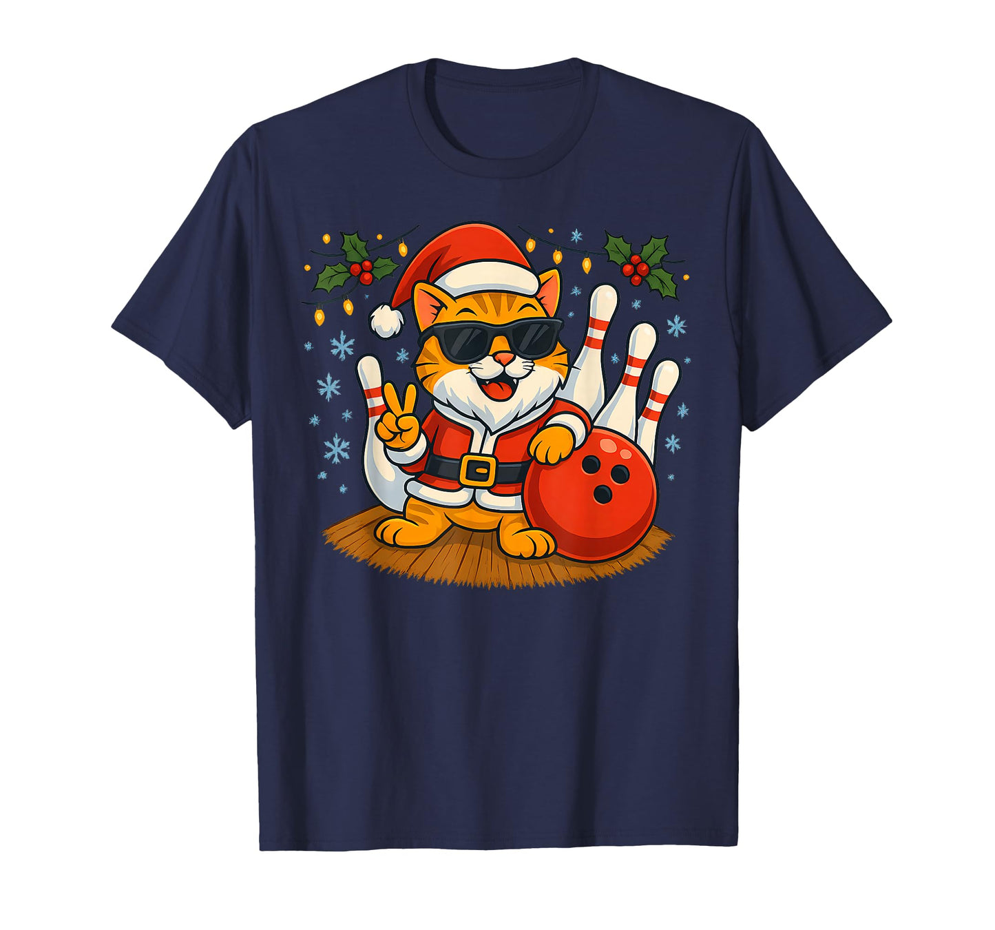 Santa Cat Bowling Christmas Funny Holiday Vibes Men Women T-Shirt