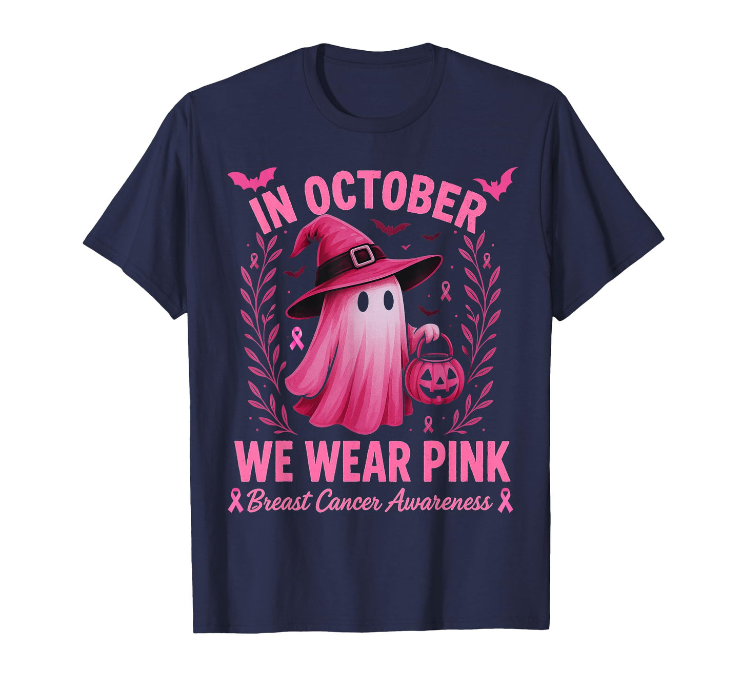 in October We Wear Pink Ghost Witch Breast Cancer Awareness T-Shirt