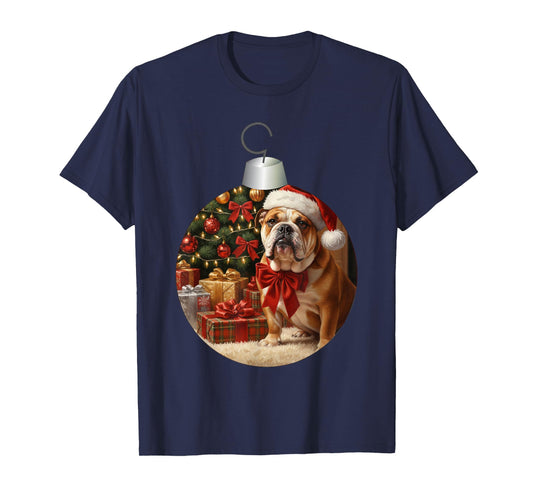 English Bulldog Dog Christmas Tree Ornament Santa Bow Cute T-Shirt