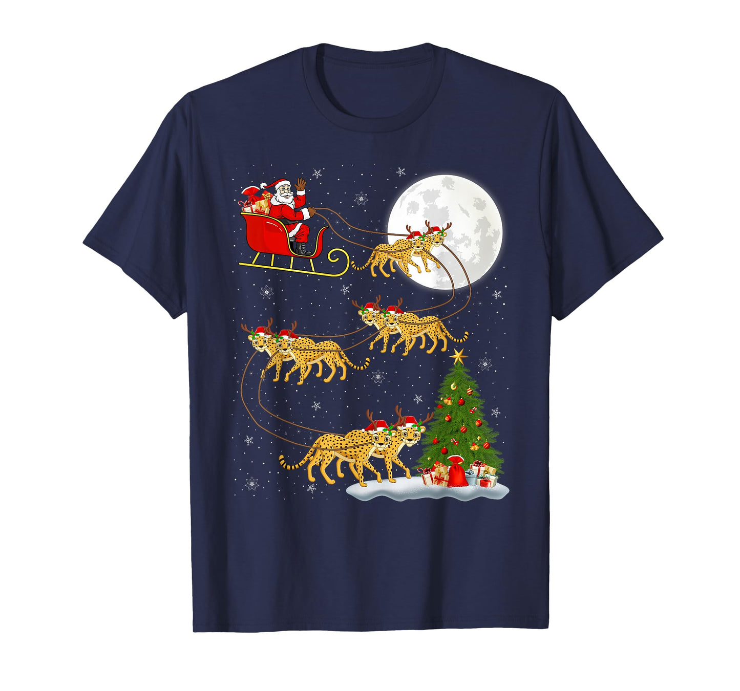 Cheetah Santa Sleigh Flying Funny Magical Christmas T-Shirt
