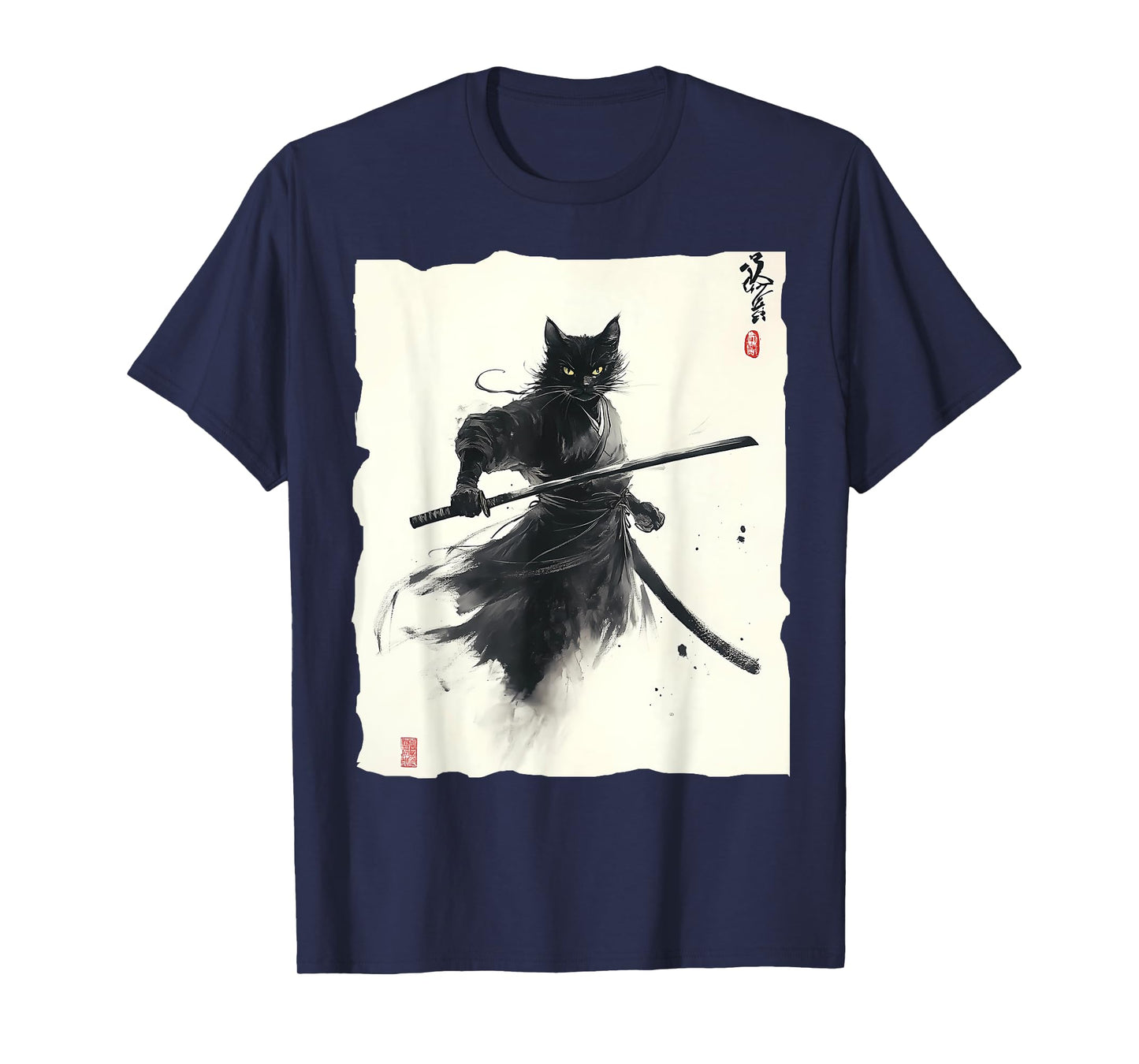 Samurai Cat Vintage Ukiyo-e Warrior Art Graphic Cat T-Shirt