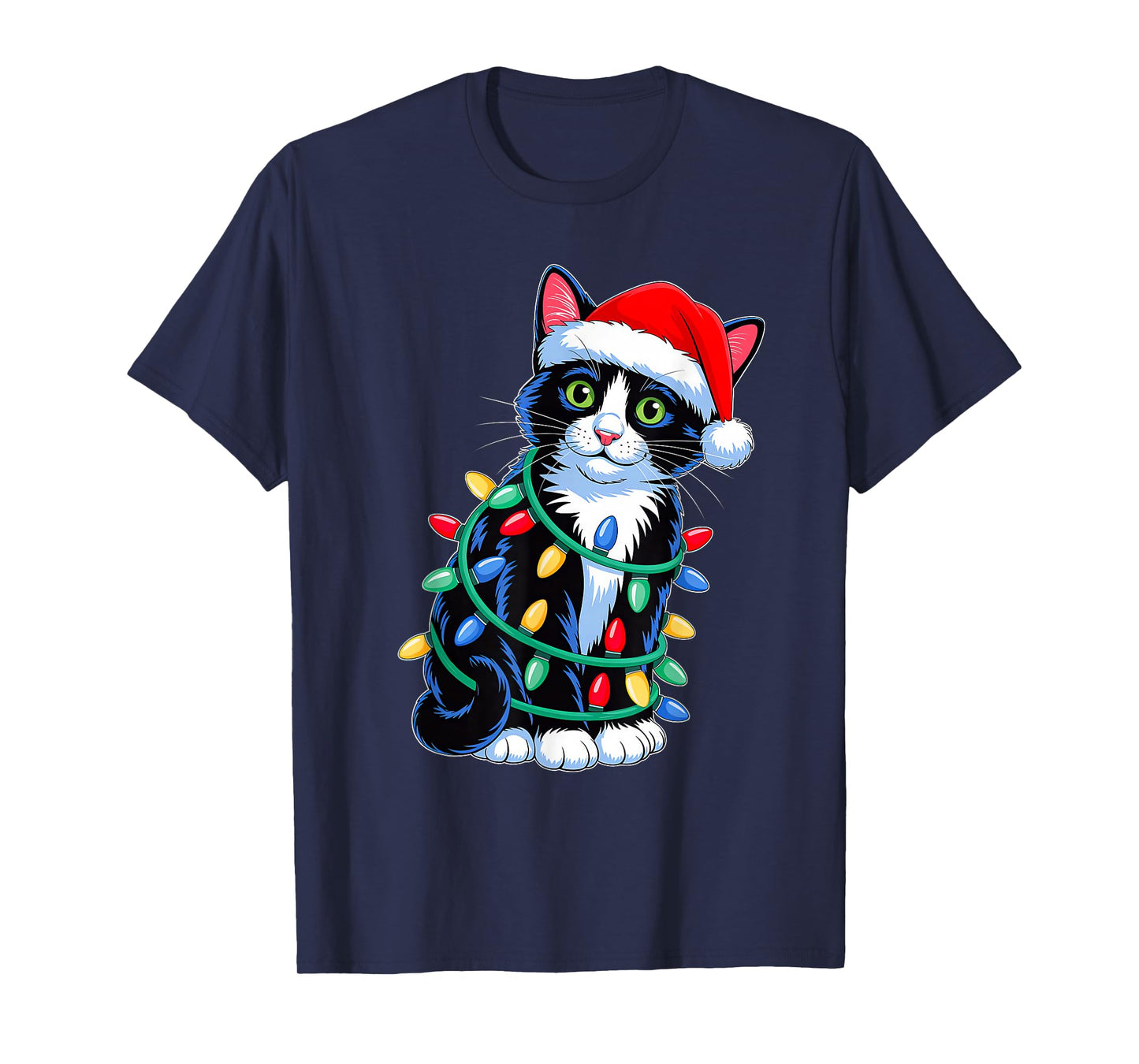 Black Cat Christmas Lights Santa Hat Xmas Family Men Women T-Shirt