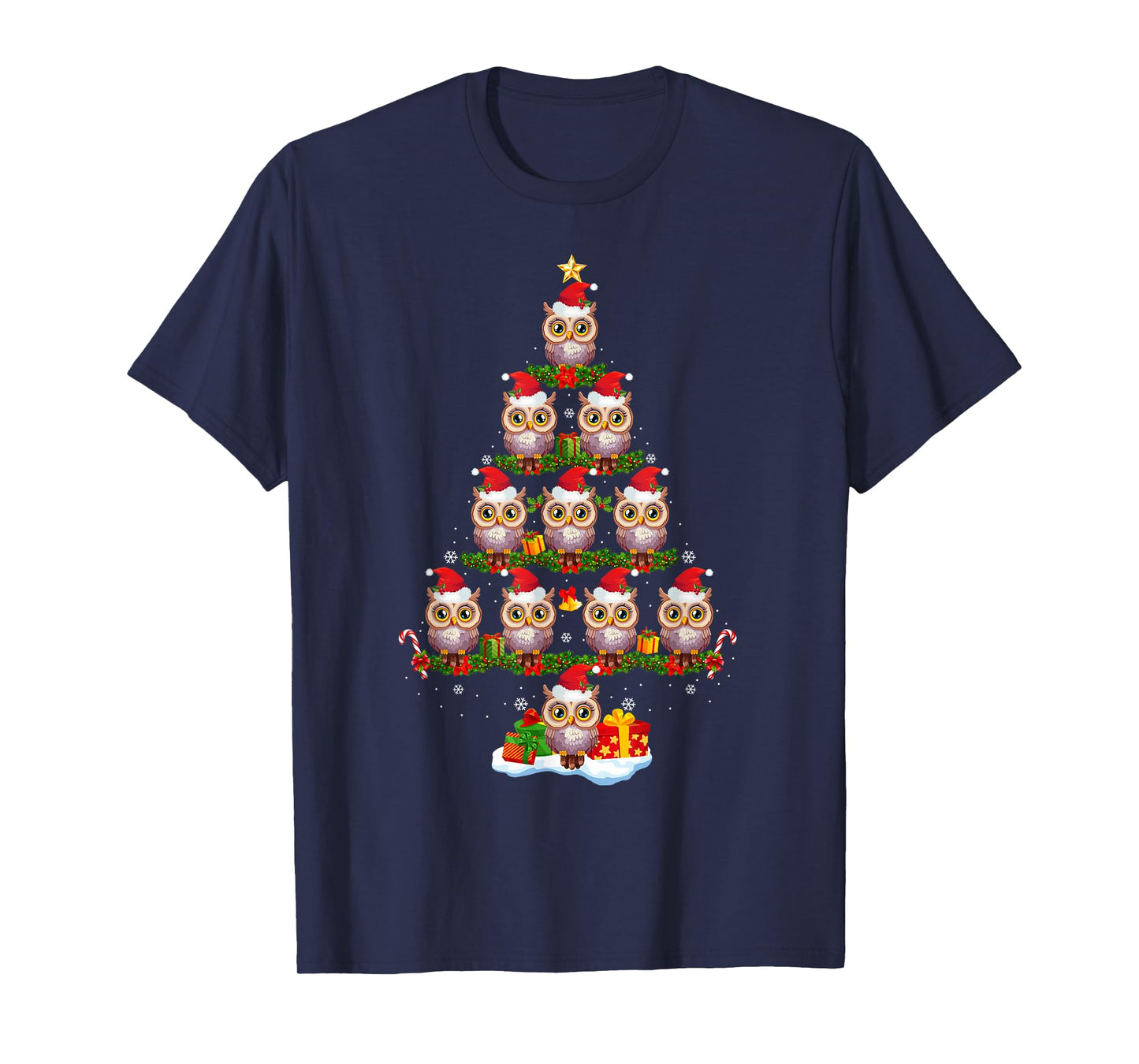 Owl Christmas Tree Lights Funny Xmas Santa Hat Owl Lover T-Shirt