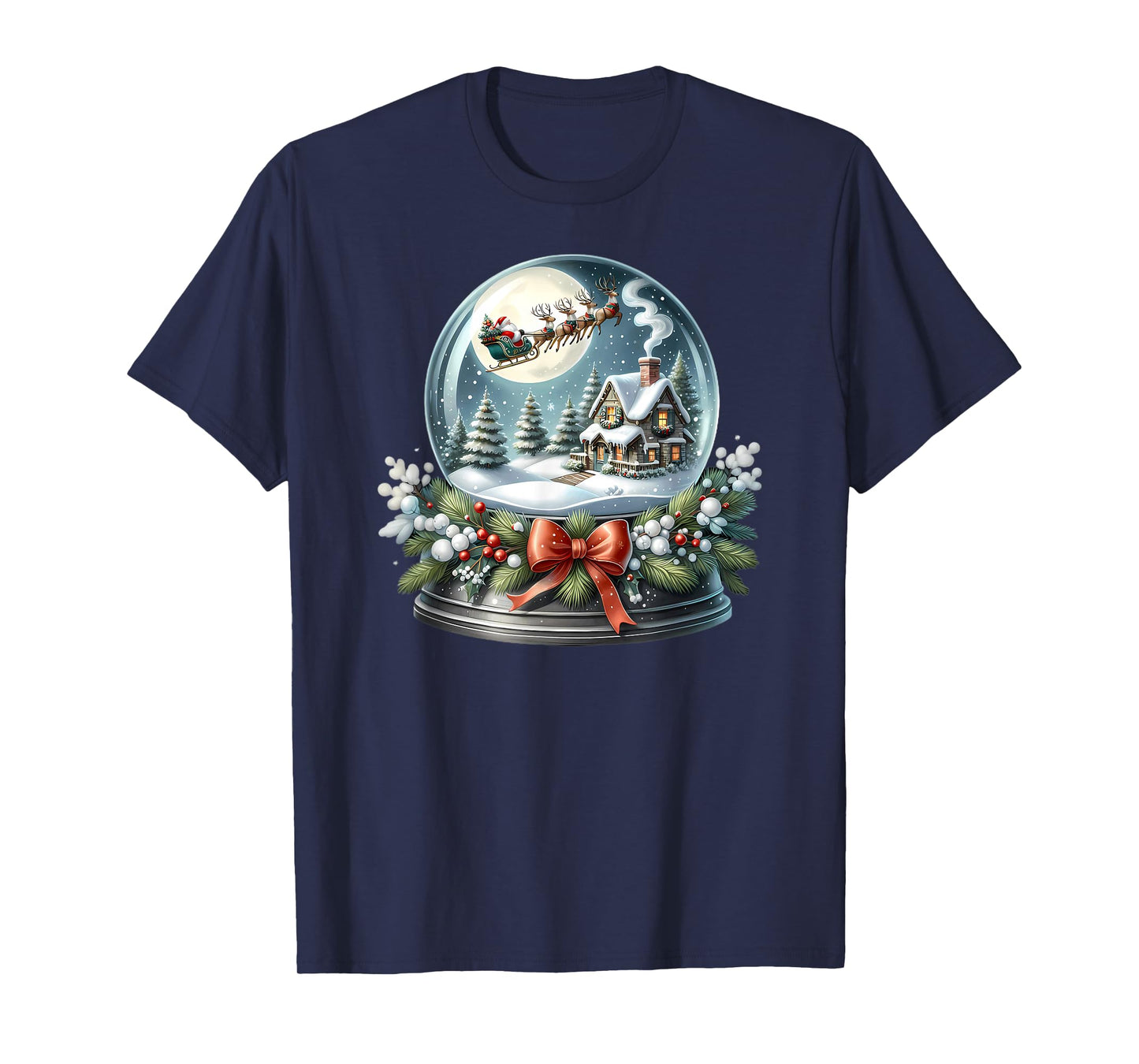 Santa Sleigh Over Cozy Snow Globe Scene T-Shirt