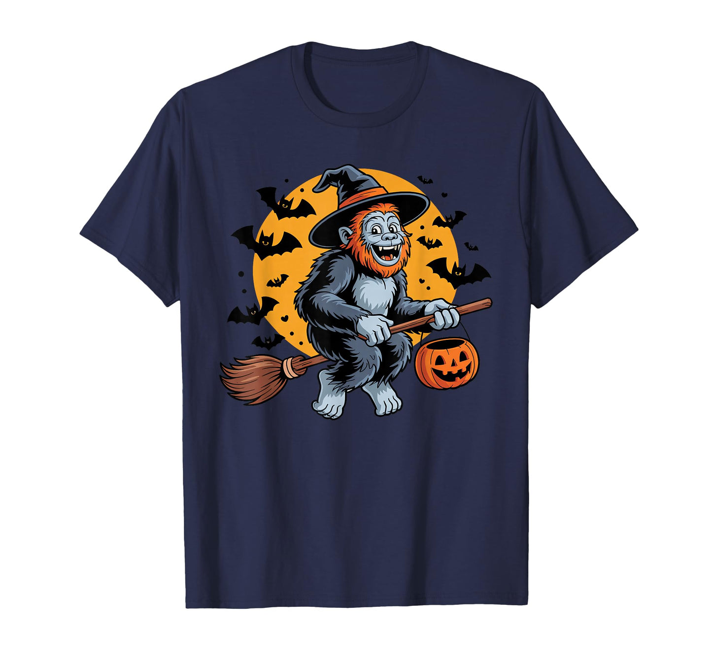 Cute Bigfoot Witch Riding Broom Halloween Pumpkin Kids Boys T-Shirt