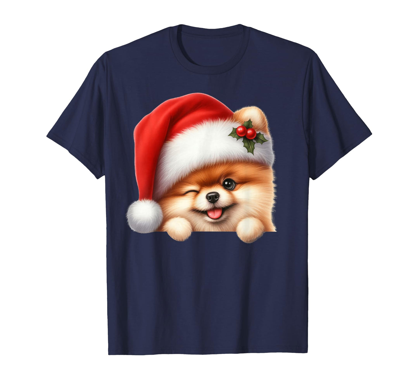Pomeranian Dog Christmas Santa Hat Dog Mom Dad Pom Pom T-Shirt