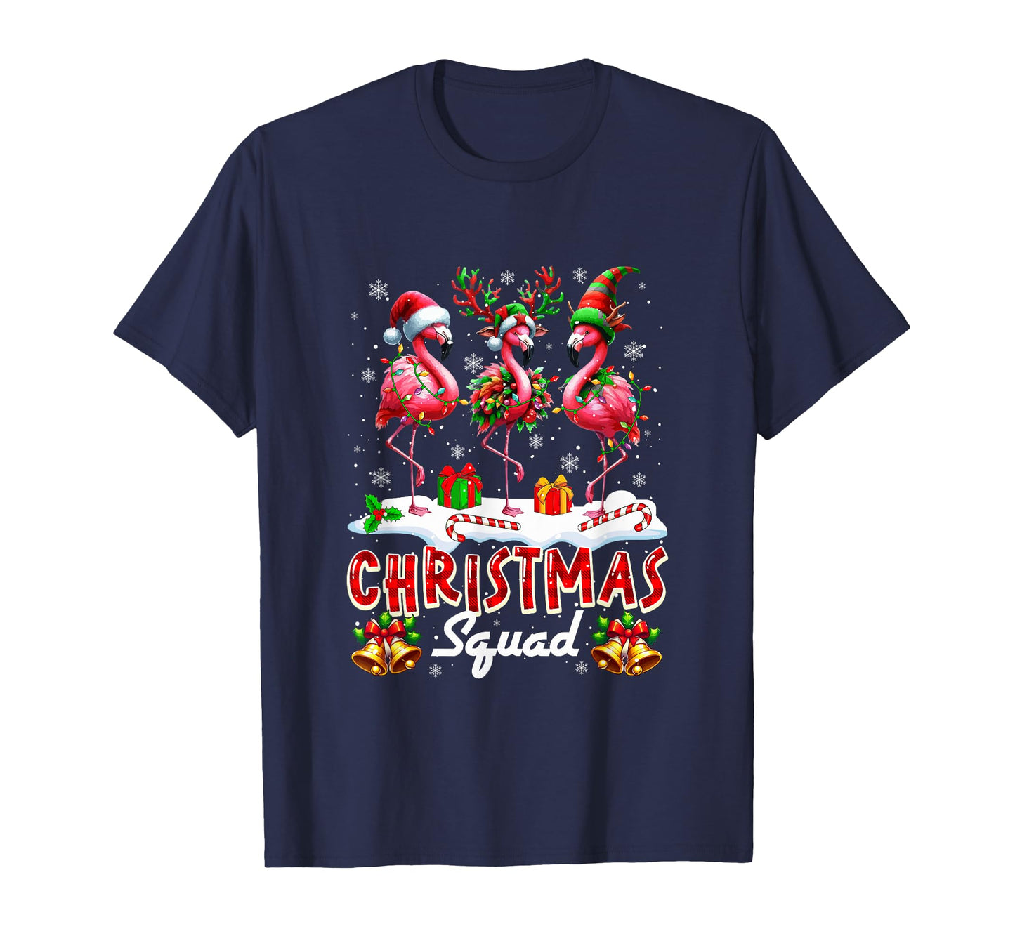 Christmas Squad Three Santa Reindeer Elf Flamingos Colorful T-Shirt