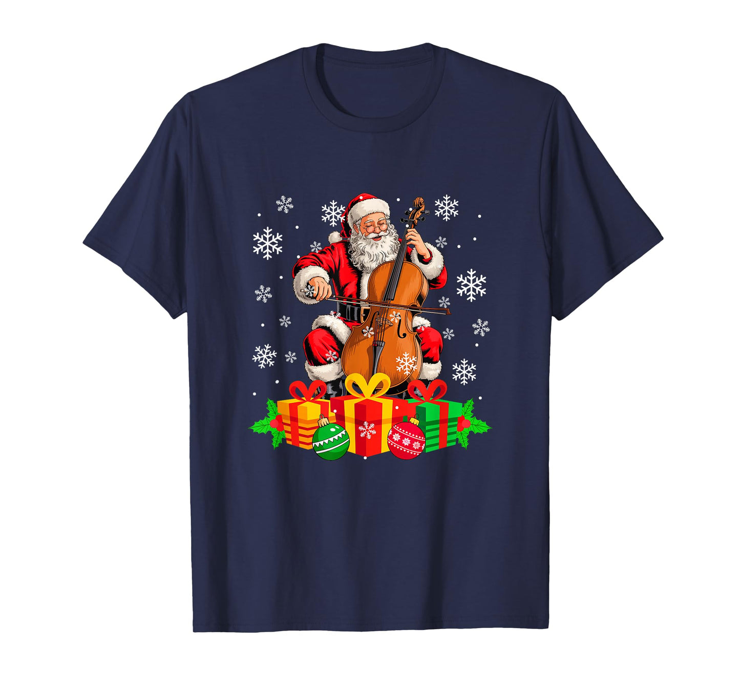 Santa Playing Cello Instrument Colorful Christmas Boxes T-Shirt